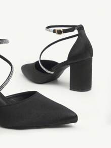 CUCCOO CHICEST Women's Fashion Black Satin Rhinestone Wrapped Ankle Strap Pointed Toe Chunky High Heel Pumps, Suitable For Commuting, Dates, Parties, Shopping, Holidays - Black - View 5