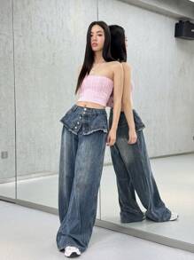 SHEIN EZwear 女式低腰宽松阔腿牛仔裤，夏季女式，低腰宽松牛仔裤，伊比沙岛，狂欢，破洞牛仔裤，狂欢牛仔裤，狂欢，女士休闲牛仔裤 - 中等水洗藍 - 查看 5