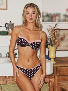 SHEIN Swim Mod 女士波尔卡圆点浅粉色荷叶边硬杯可爱别致比基尼套装 - 彩色 - 查看 1