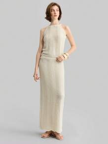 Ontre Women Wave Pattern Halter Neck Knit Top Vacation Outfits Woman - Apricot - View 4