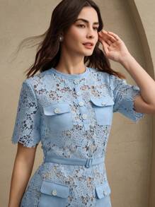 Anewsta 女士优雅蓝色水溶性蕾丝边经典及膝短袖连衣裙，适合春季、夏季、节日、假日、休闲装 - 藍色 - 查看 5