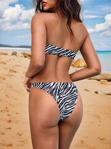 SHEIN Swim Elegant Resort Beach Zebra Stripe Print Push-Up Floral Decor Bandeau Bikini Set For Women - Multicolor - View 2