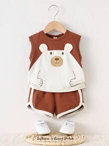 Cozy Pixies 2pcs Baby Boy Cartoon Bear Pattern Contrast Color Sleeveless Top And Elastic Waist Shorts Set
