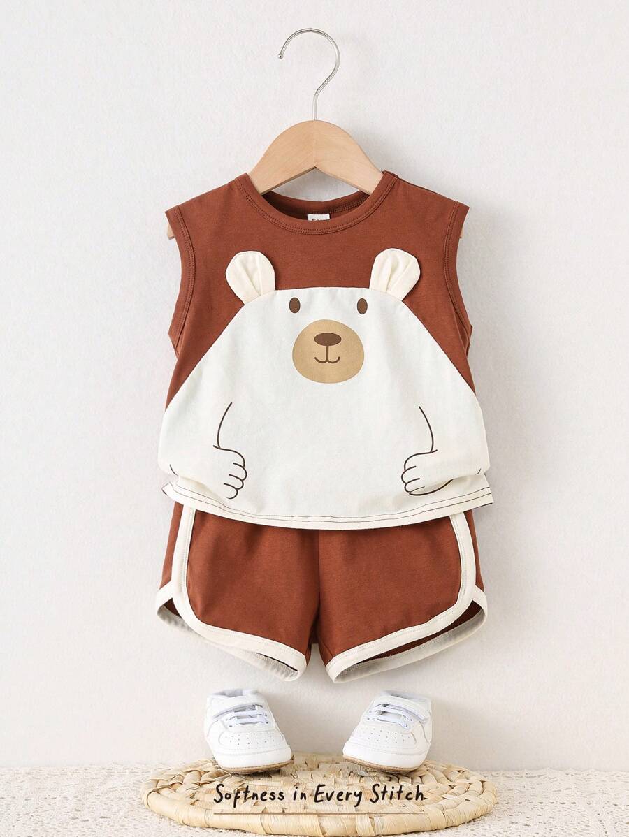 Cozy Pixies 2pcs Baby Boy Cartoon Bear Pattern Contrast Color Sleeveless Top And Elastic Waist Shorts Set