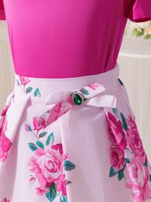 SHEIN Glamorique Kids Young Girl' Spring/Summer Bow Collar Satin Blouse & Floral Print Skirt 2 Pieces Set Young Girls Clothing Sets Summer - Hot Pink - View 7