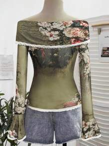 Large Turndown Collar Off Shoulder Twist Long Sleeve T-Shirt, Spring/Summer New Edition Fall Cloth For Women - Green - View 2