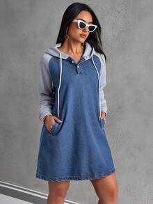 SHEIN EZwear Women's Color Block Raglan Sleeve Hooded Denim Dress - Medium Wash - View 3