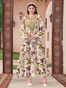 Al Najma 休闲简约全印花保守阿拉伯风格连衣裙，端庄 - 白色 - 查看 1