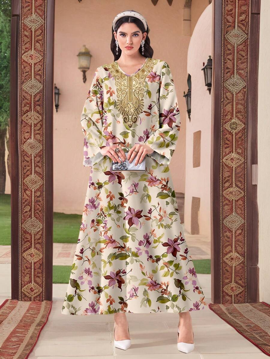 Al Najma 休闲简约全印花保守阿拉伯风格连衣裙，端庄 - 白色 - 查看 1