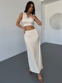 Firerie Set da 2 pezzi composto da blusa senza maniche con scollo a V stretch color albicocca e gonna dritta attillata, abbigliamento elegante casual da ufficio per donne, adatto per l estate