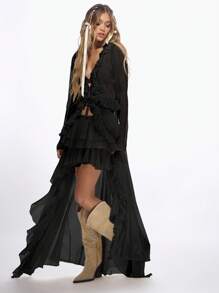 MISSGUIDED Waterfall High Low Maxi Skirt Ruffle Tier Festival Boho Western Dance Performance Asymmetrical Long Flowing Party Evening Wear - Black - View 3