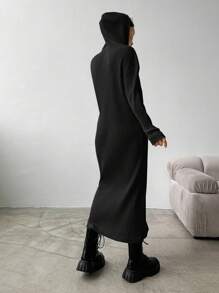 Cottnline Women's Ribbed Hooded Sweater Dress - Black - View 5