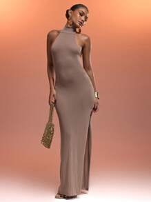 MUSERA Vestido largo de punto ligero y ajustado con cuello alto y espalda baja con abertura, sexy, para primavera-verano, vacaciones en la playa, elegante, para boda, invitada