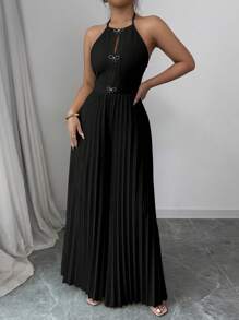 SHEIN Privé 女士优雅杏色露背系带前镂空金属水钻蝴蝶结褶皱阔腿连体裤