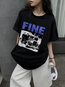 DAZY Camiseta casual y holgada de mujer con estampado de letras y bloques de color, camiseta gráfica de verano con diseño oversize, parte superior estilo preppy - Negro - Ver 5