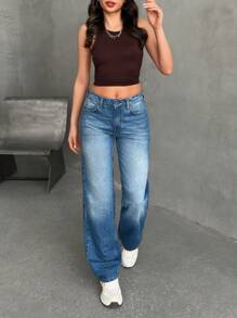 EURMUSE 休闲洗水低腰直筒牛仔裤 - 中等水洗藍 - 查看 4