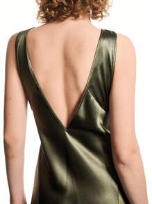 LYSMO Women's Solid Color Round Neck Backless Ruched Sleeveless Elegant Maxi Satin Dress - Brown - View 7