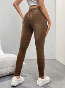 SHEIN Essnce Women's Slim Fit Casual Everyday Jean Pants With Pockets - Coffee Brown - View 2