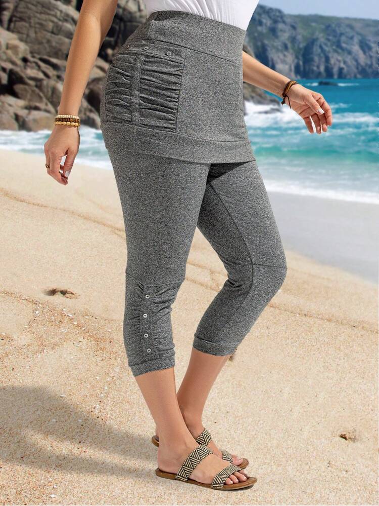 Plus Size Women Summer Deep Gray Leggings With Pockets, Minimalist & Fashionable, Suitable For Summer,Skorts For Women,Cropped Pants,Beach Outfits For Woman,Vacation Outfits Woman,Casual Everyday Wear,Comfortable And Breathab,Culottes