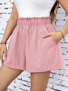 SHEIN Clasi 2pcs Plus Size Summer Shorts, Breathable & Comfortable With Large Pockets, Black & Army Green - Pink - View 7