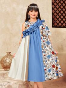 SHEIN Leap Crew Tween Girl 碎花撞色拼接不对称荷叶边下摆 A 字短袖连衣裙 - 粉色 - 查看 3