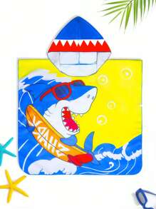 Young Boy Two-Tone Shark Print Hooded Swimsuit (Printed Placement) - Yellow - View 4