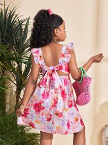 SHEIN Leap Crew Tween 女童休闲简约舒适花卉印花蝴蝶结后背系带溜冰裙 - 粉色 - 查看 1