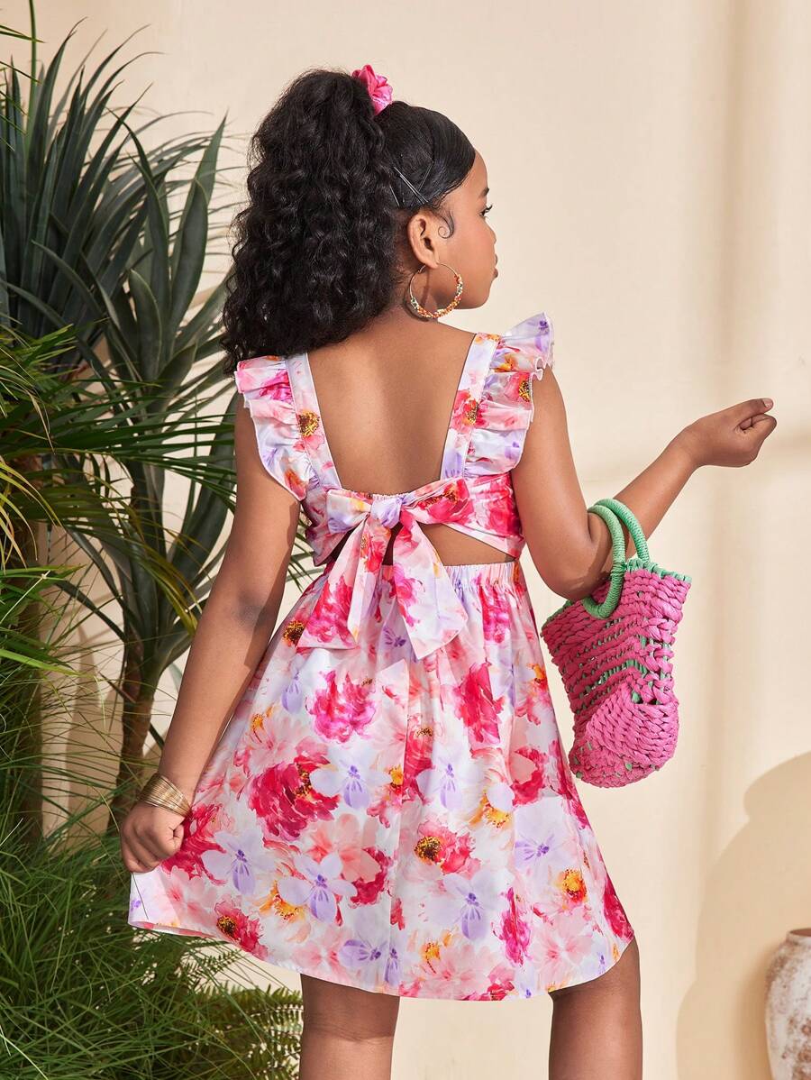 SHEIN Leap Crew Tween 女童休闲简约舒适花卉印花蝴蝶结后背系带溜冰裙 - 粉色 - 查看 1