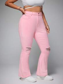 SHEIN EZwear Plus Size Casual Solid Distressed Slim Flared Leg Jeans - Baby Pink - View 3