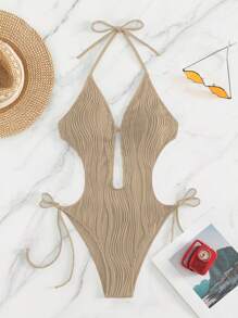 SHEIN Swim Costume da bagno intero con scollo traforato a tinta unita, adatto per vacanze e spiaggia