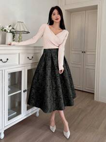 DAZY 女士优雅中长褶皱荷叶边半身裙 波西米亚风 - 黑色 - 查看 4