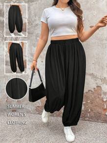 EMERY ROSE Plus Size Damer Casual Enfärgad Ribbade elastiska midja byxor - Svart - Visa 1