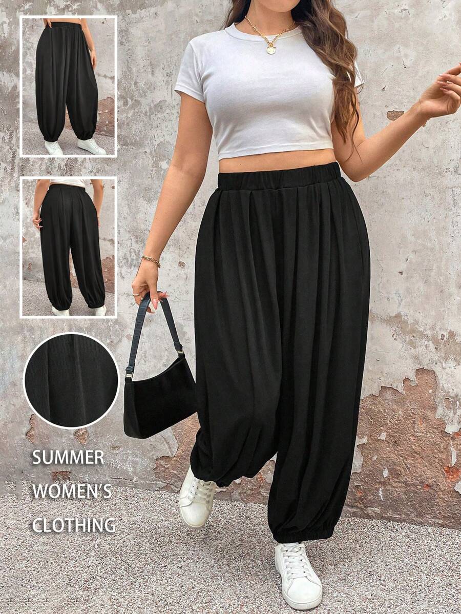 EMERY ROSE Plus Size Damer Casual Enfärgad Ribbade elastiska midja byxor - Svart - Visa 1