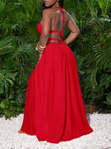Slaydiva Vacation Sexy Low Neck Backless Cinched Waist White Dress - Red - View 2