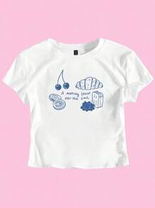 Flirla 大码女式夏季 Y2K 樱桃、羊角面包和蓝莓印花短款上衣 - 白色 - 查看 1