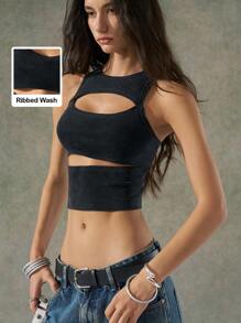 LYSMO Camiseta de tirantes ajustada acanalada con detalles de corte para mujer - Gris - Ver 7