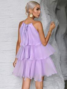 Firerie Women's Elegant Solid Color Multi-Layer Halter Neck Dress - Lilac Purple - View 2