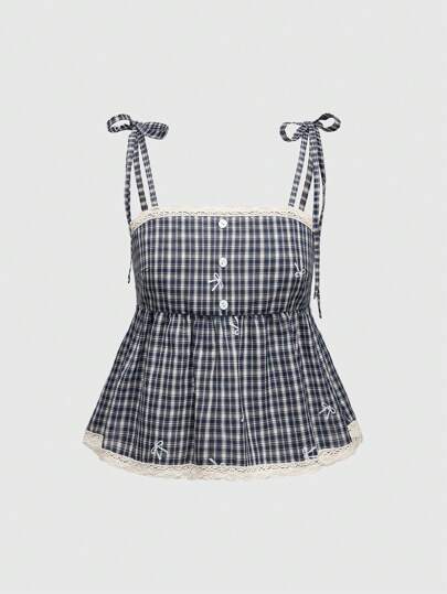 Academia Canotta vintage casual di stile universitario, vintage, con patta con bottoni, plaid ricamato, fiocco, spalline a spaghetti e con dettagli in pizzo per le donne