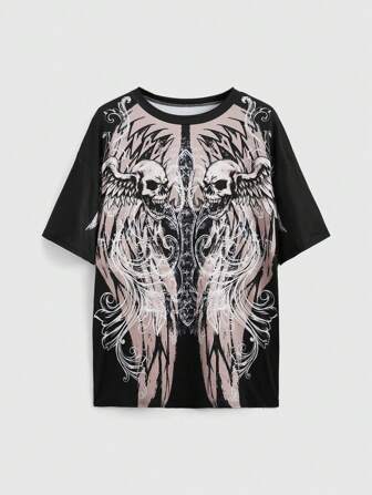 Grunge Punk Camiseta suelta de estilo de calle de festival de música con gráfico de alas de esqueleto y enredaderas y colores contrastantes