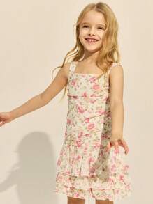 SHEIN Elegantes rosa Blumenkleid mit Rüschenkragen und ärmelloser A-Linie für Kleine Mädchen im Frühling und Sommer