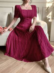 DAZY Women's Elegant Solid Color Textured Waist Dress Summer Elegant Sundress