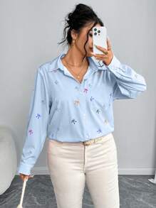 Elenzga Lässige romantische pink Schleife bedruckte Bluse, Valentinstag Geschenk Frauen Hemd für Valentinstag Liebhaber mit Schleife - Blau - Übersicht 4