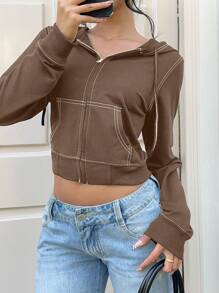 SHEIN EZwear 女式拉链前撞色连帽运动衫，休闲、毕业、教师、返校套头衫秋季 - 咖啡棕 - 查看 7