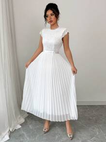 Elenzga Women's Summer Lace Splice Pleated Long Dress (Floral Pattern Asymmetric Cut) - White - View 4