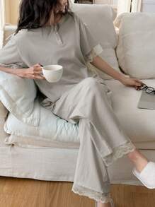DAZY 2pcs Loose Striped Short Sleeve Pajama Set For Women - Light Grey - View 6