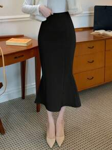 Wynsel Women's Elegant Solid Color Mermaid Hem Fitted Skirt,Ruffle - Black - View 5