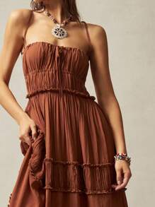 Bohemela 波西米亚风 1 件女式纯色编织中长连衣裙，带荷叶边下摆，波西米亚风女式连衣裙，女式连衣裙，女式连衣裙，波西米亚风长裙，女式露背连衣裙 - 摩卡棕 - 查看 2