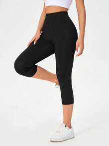 SHEIN Tall 女士针织休闲简约黑色高腰紧身七分打底裤 - 黑色 - 查看 8