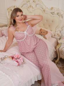 Plus Size Heart Textured Mesh Splice Pajamas Set - Dusty Pink - View 3