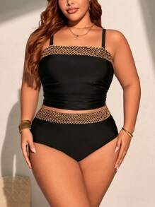 Swim Chiccia Ensemble 2 pièces pour femmes grandes tailles, Top en patchwork tressé noir et bas de bikini taille haute en patchwork tressé, bikini simple et casual pour les vacances, pour l'été et la plage